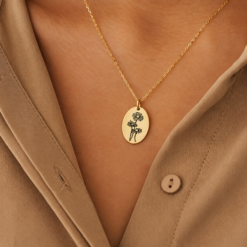 Birth Flower Necklace - 14K Gold Plated Stainless Steel 12
