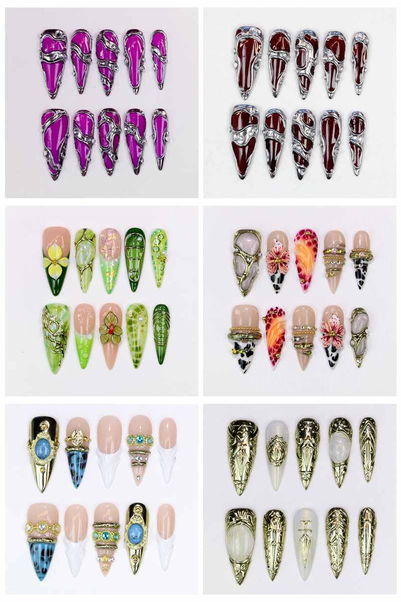 Pressed Flower Art - 10Pcs Long Stiletto Press-On Nails Glossy