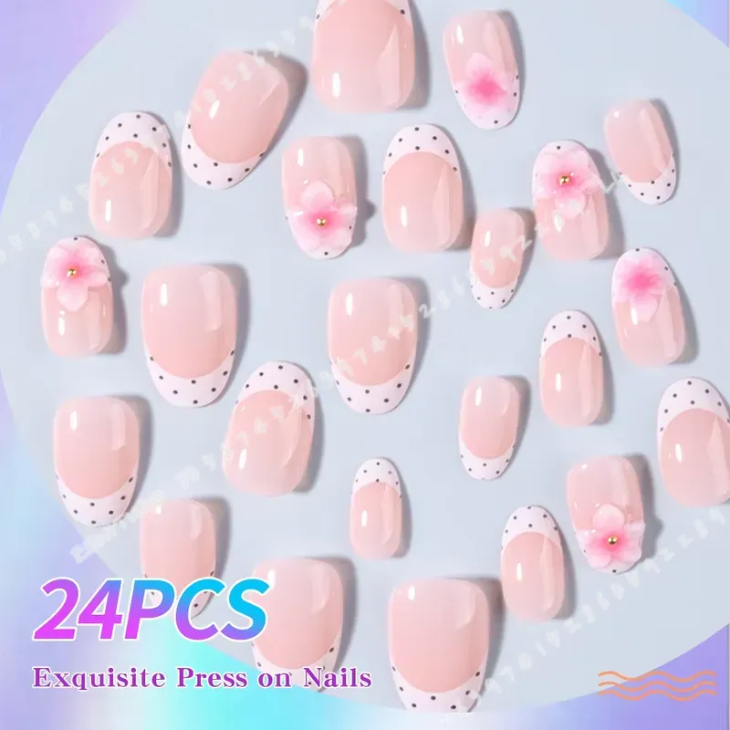 24pcs Short Oval 3D Gel Nail T - Pressed Flower Art 评论和价格