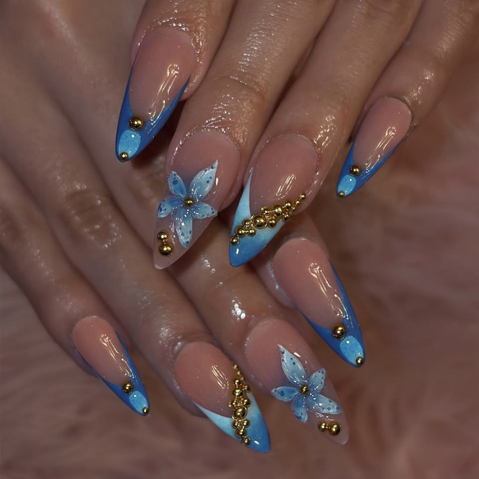 Nude fake nails with pink blue - Pressed Flower Art 评论和价格